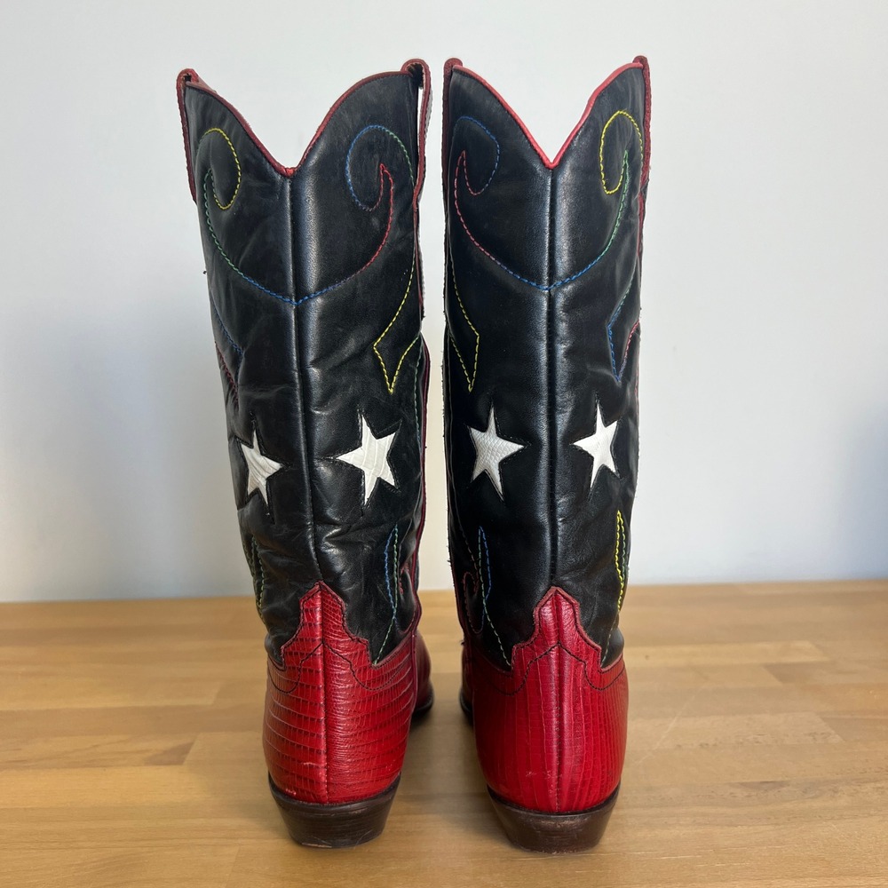 Nine West Red and Black Western Cowboy Boots with White Star Appliqués - Picture 4 of 14